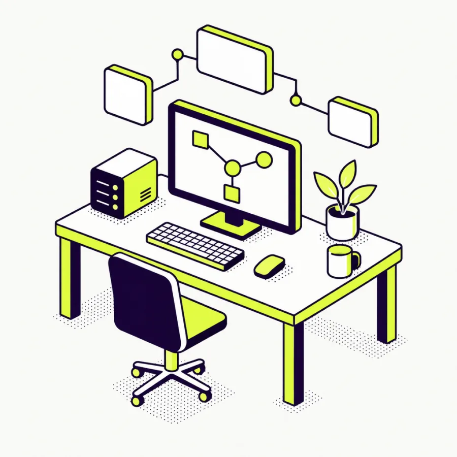 Isometric illustration of a small AI studio workspace